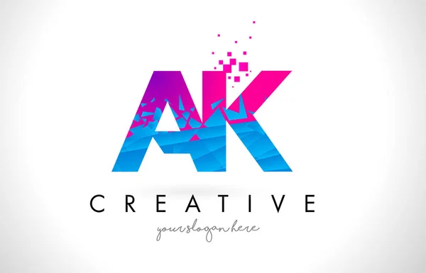 AK A K Letter Logo with Shattered Broken Blue Pink Texture Desig — Stock Vector