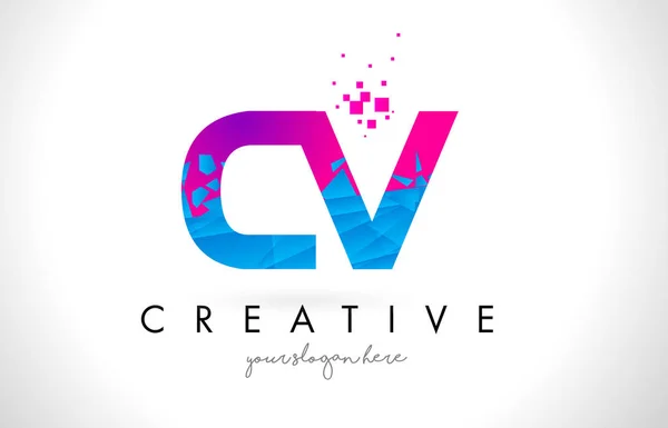 Logo de la carta de CV C V con diseño roto de textura rosa azul roto — Archivo Imágenes Vectoriales