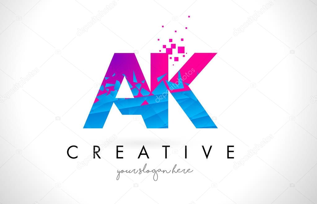 AK A K Letter Logo with Broken Shattered Blue Pink Triangles Texture Design Vector Illustration.
