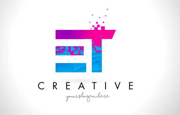 ET E T letra logotipo com quebrado quebrado azul rosa textura Desig — Vetor de Stock
