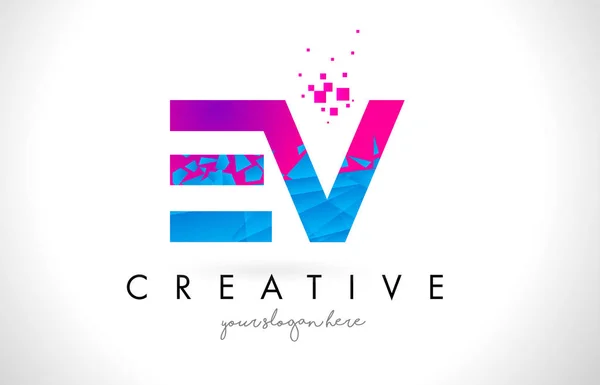 Logotipo de la carta de EV E V con diseño roto de textura rosa azul roto — Archivo Imágenes Vectoriales