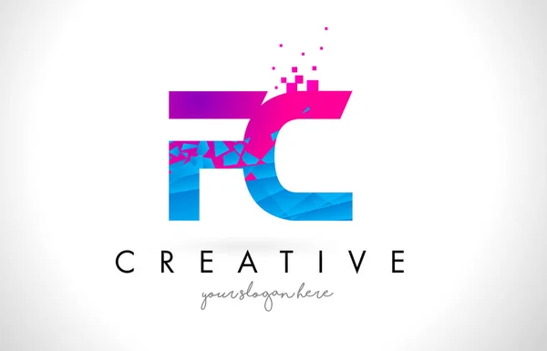 FC F C Letter Logo with Shattered Broken Blue Pink Texture Desig — Stock Vector