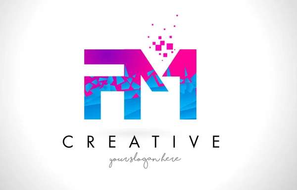 FM F M brief Logo met verbrijzelde gebroken blauw roze textuur Desig — Stockvector