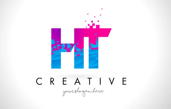 HT H T letra logotipo com quebrado quebrado azul rosa textura Desig — Vetor de Stock