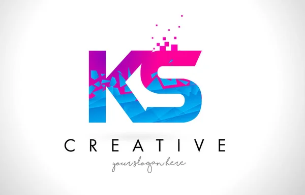 KS K S Letter Logo with Shattered Broken Blue Pink Texture Desig — Stock Vector