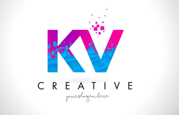 KV K V Letter Logo with Shattered Broken Blue Pink Texture Desig — Stock Vector