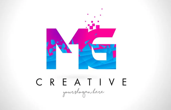 MG M G logotipo da carta com quebrado quebrado azul rosa textura Desig — Vetor de Stock