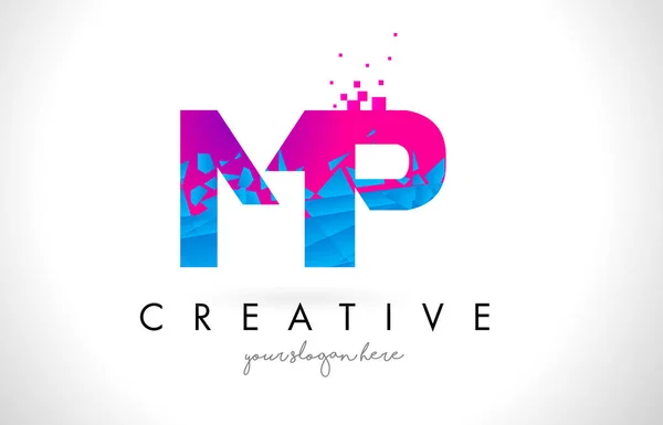 MP M P letra logotipo com quebrado quebrado azul rosa textura Desig — Vetor de Stock