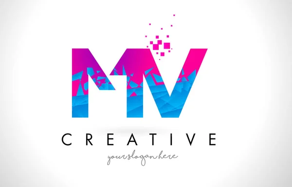 MV M V letra logotipo com quebrado quebrado azul rosa textura Desig — Vetor de Stock