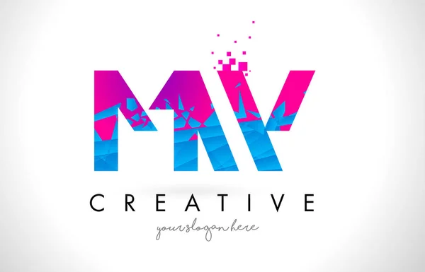 MW M W letra logotipo com quebrado quebrado azul rosa textura Desig — Vetor de Stock