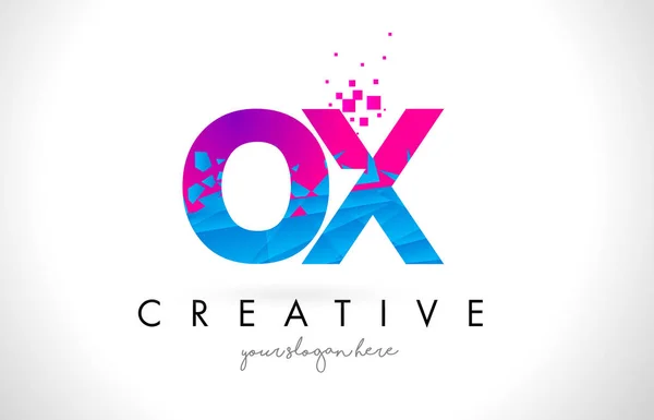 Logo lettera OX O X con frantumi blu rotto rosa Texture Desig — Vettoriale Stock