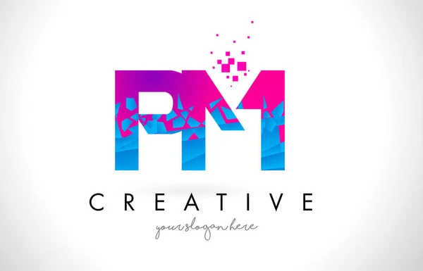 PM P L Letter Logo with Shattered Broken Blue Pink Texture Desig — Stock Vector