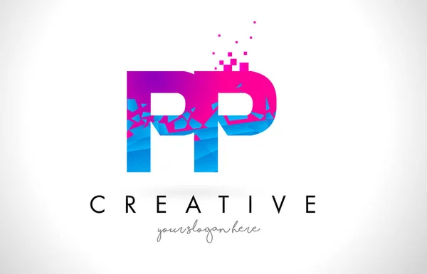 Logotipo de la letra PP P con diseño roto de textura rosa azul roto — Vector de stock