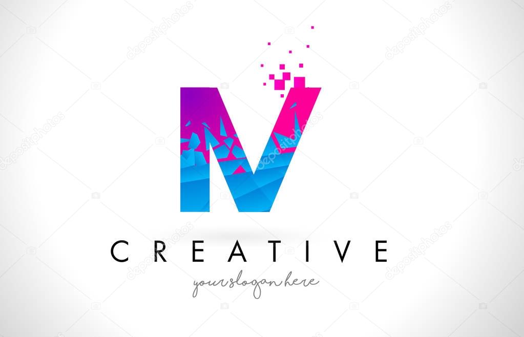 IV I V Letter Logo with Broken Shattered Blue Pink Triangles Texture Design Vector Illustration.