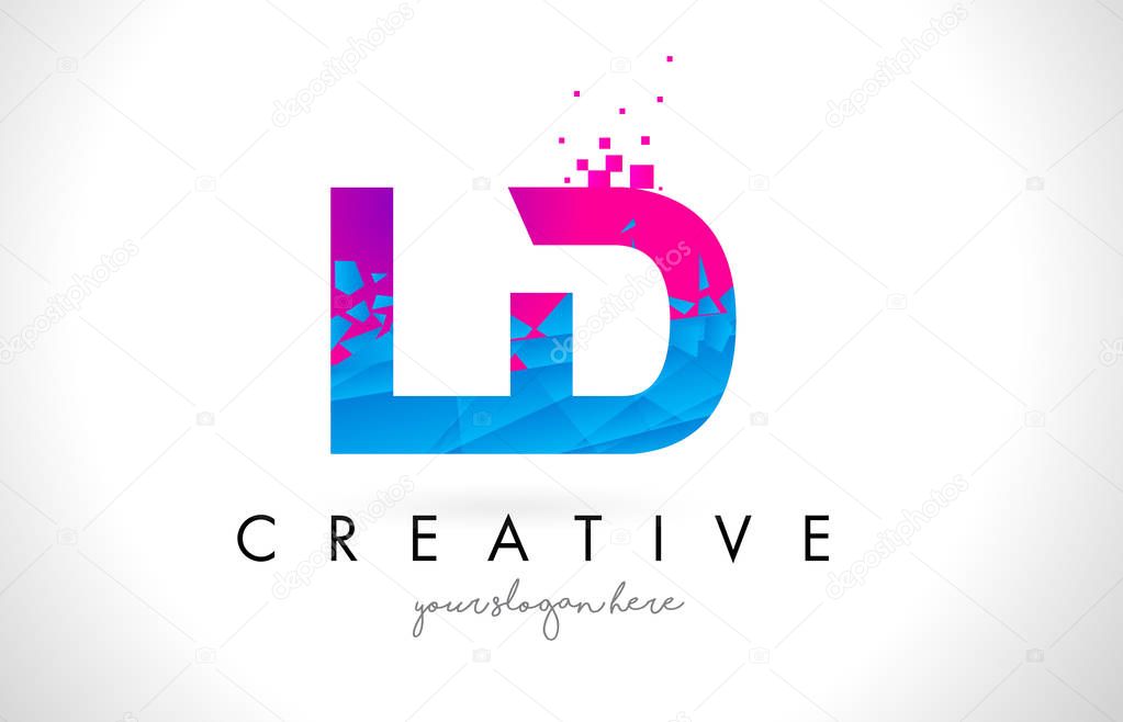 LD L D Letter Logo with Broken Shattered Blue Pink Triangles Texture Design Vector Illustration.