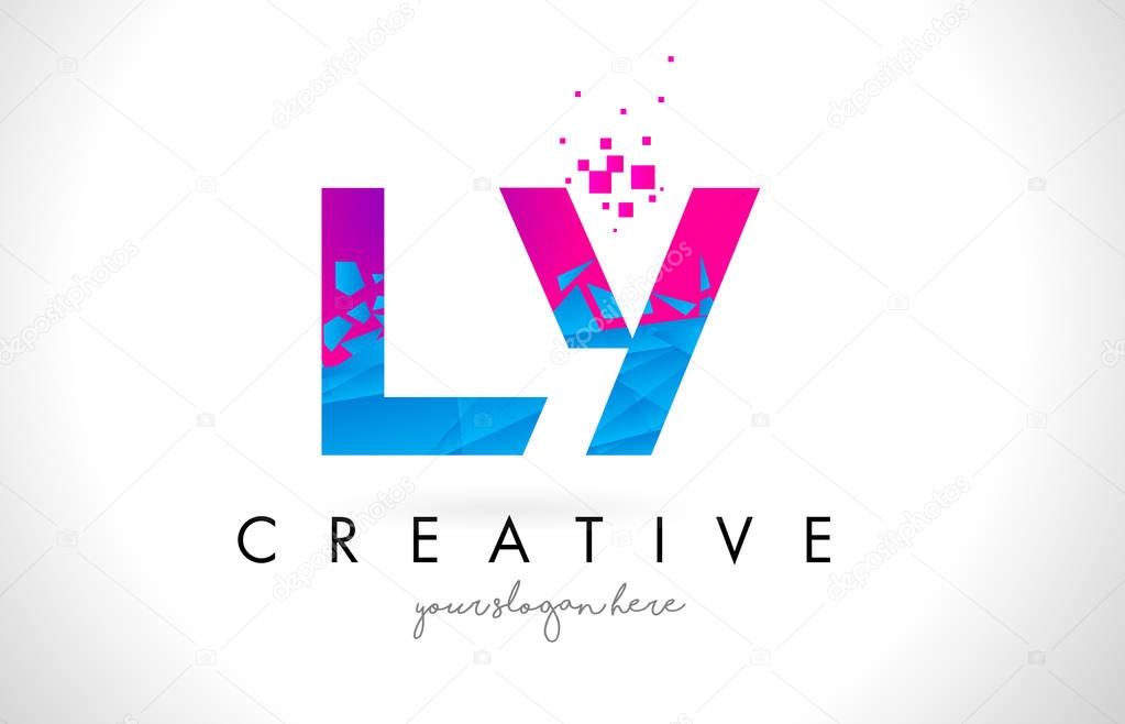 LY L Y Letter Logo with Broken Shattered Blue Pink Triangles Texture Design Vector Illustration.