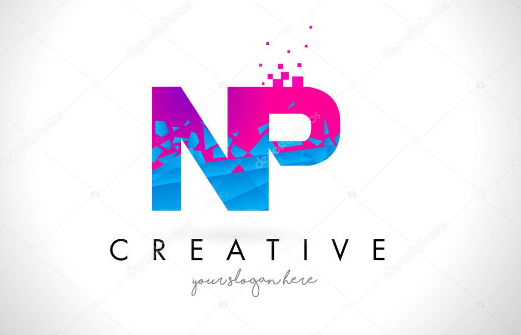 NP N P Letter Logo with Broken Shattered Blue Pink Triangles Texture Design Vector Illustration.