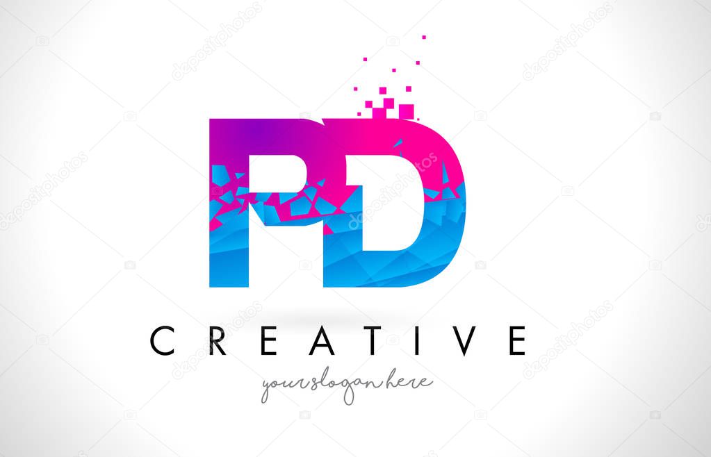 PD P D Letter Logo with Shattered Broken Blue Pink Texture Desig