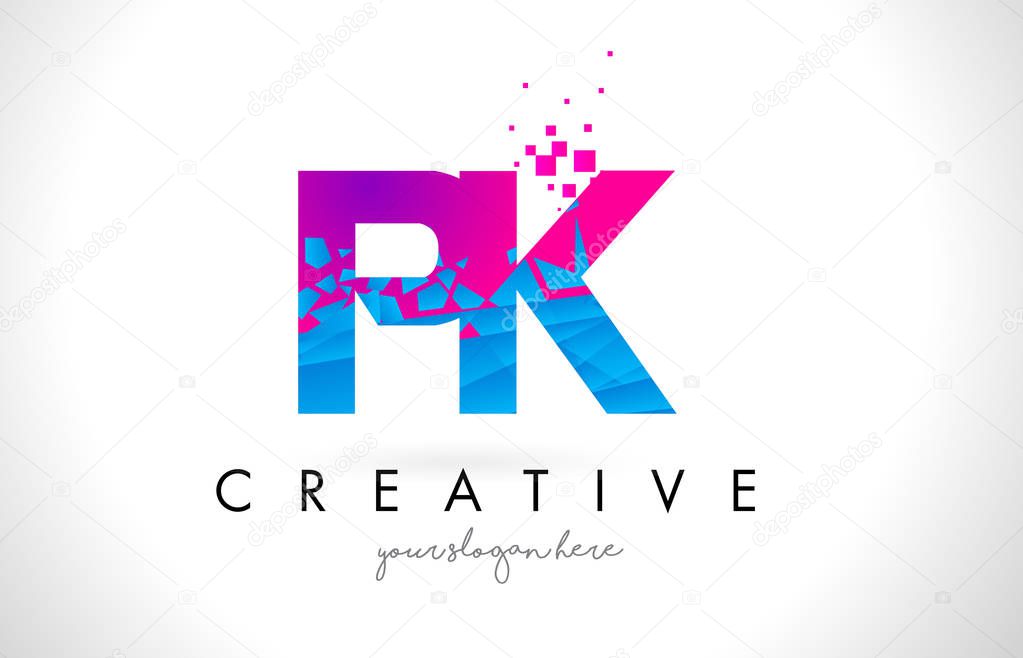 PK P K Letter Logo with Broken Shattered Blue Pink Triangles Texture Design Vector Illustration.
