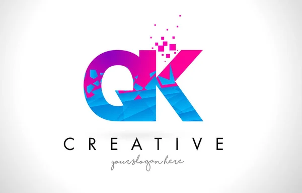 QK Q K Letter Logo with Shattered Broken Blue Pink Texture Desig — Stock Vector