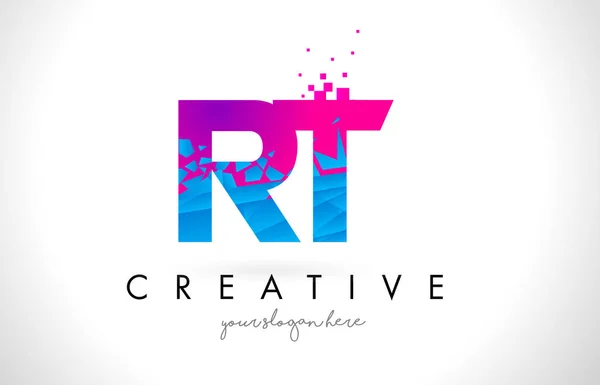 Logotipo de la letra RT R T con diseño roto de textura rosa azul roto — Vector de stock