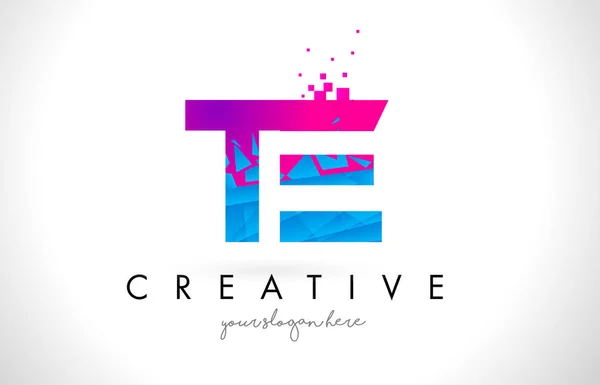 TE T E Letter Logo with Shattered Broken Blue Pink Texture Desig — Stock Vector