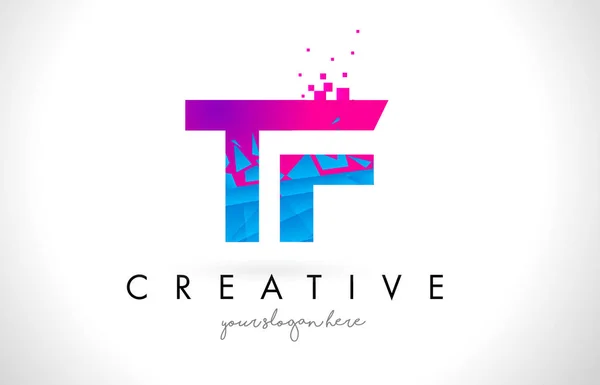 TF T F Letter Logo with Shattered Broken Blue Pink Texture Desig — Stock Vector