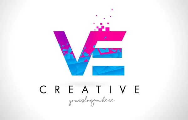 Logotipo de letra VE V E con diseño de textura rosa azul roto roto — Archivo Imágenes Vectoriales