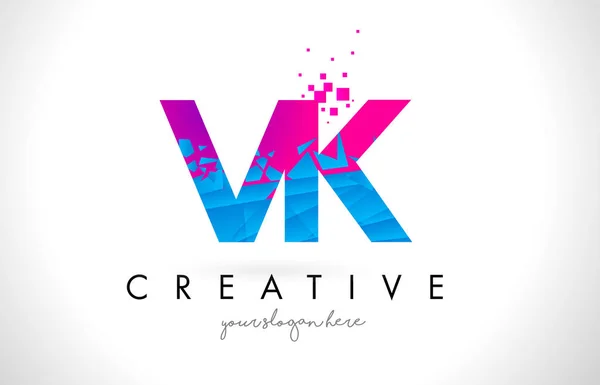 VK V K letra logotipo com quebrado quebrado azul rosa textura Desig — Vetor de Stock
