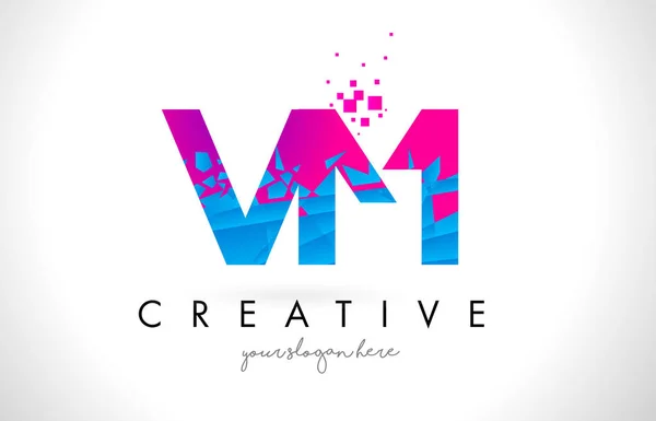 Logotipo de carta VM V M con diseño de textura rosa azul roto roto — Archivo Imágenes Vectoriales