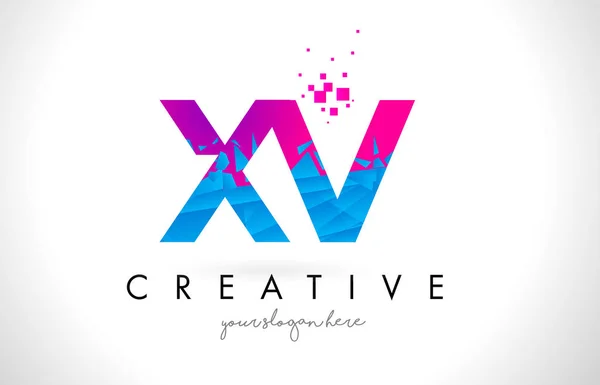 XV X V letra logotipo com quebrado quebrado azul rosa textura Desig — Vetor de Stock