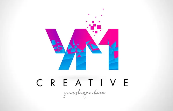 YM Y M letra logotipo com quebrado quebrado azul rosa textura Desig — Vetor de Stock