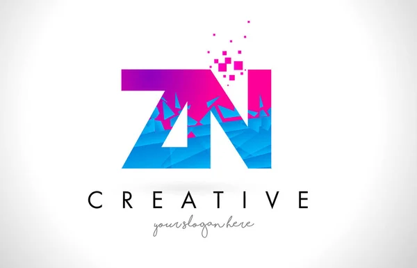 Logotipo de la letra ZN Z N con diseño roto de textura rosa azul roto — Vector de stock