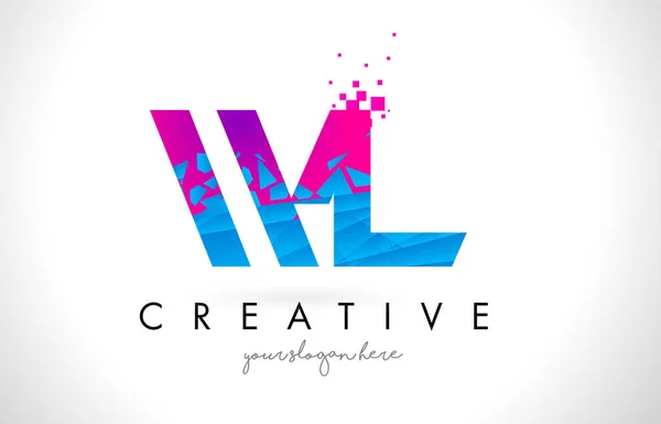 WL W L letra logotipo com quebrado quebrado azul rosa textura Desig — Vetor de Stock