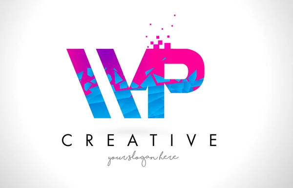 Logotipo de la letra de WP W P con diseño roto de textura rosa azul roto — Archivo Imágenes Vectoriales