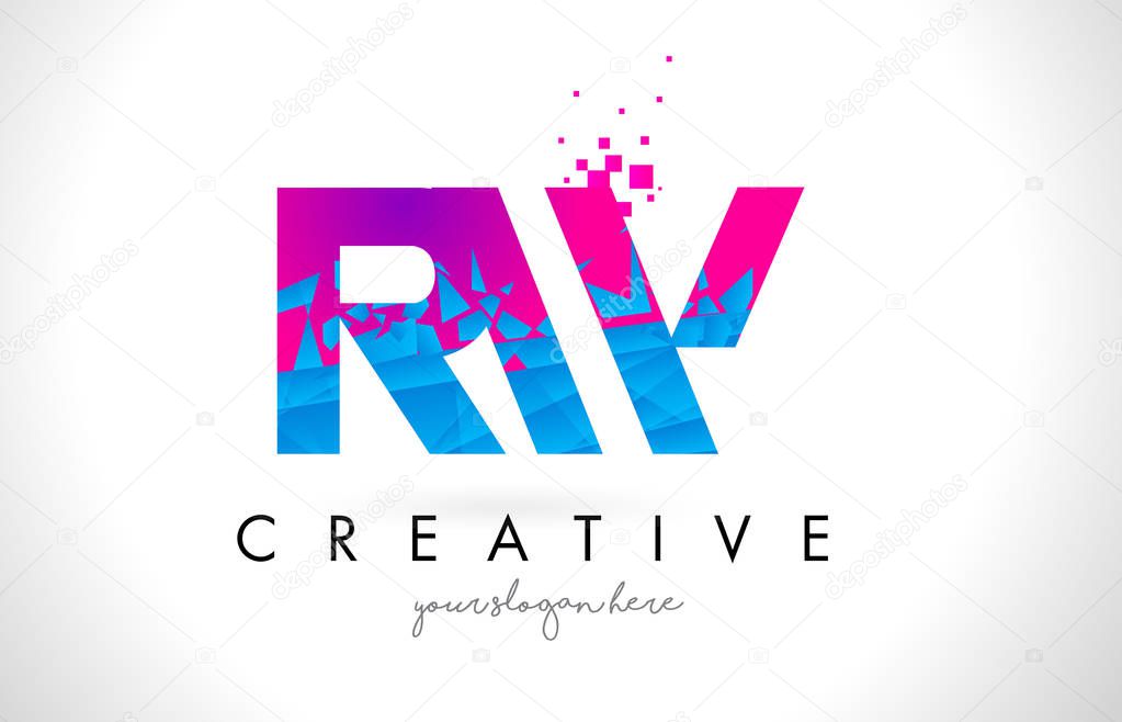 RW R W Letter Logo with Shattered Broken Blue Pink Texture Desig
