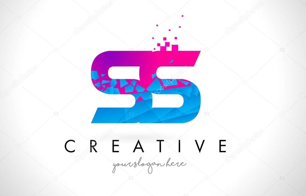 SS S S Letter Logo with Broken Shattered Blue Pink Triangles Texture Design Vector Illustration.