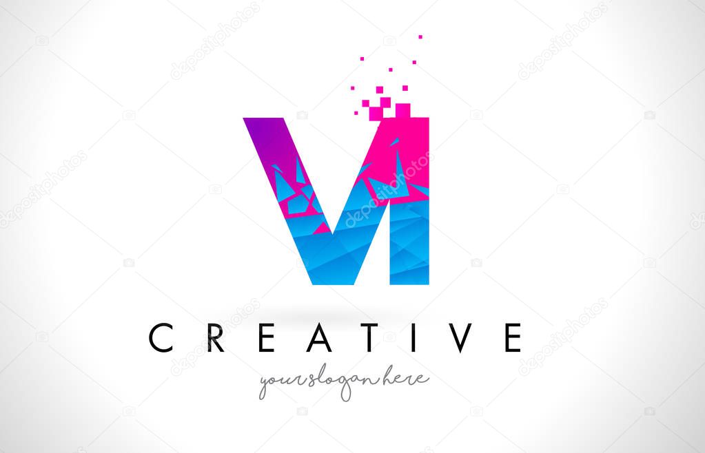 VI V I Letter Logo with Broken Shattered Blue Pink Triangles Texture Design Vector Illustration.