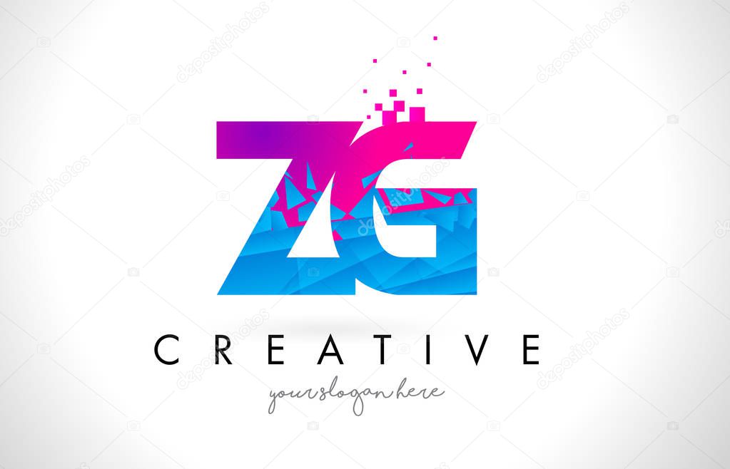 ZG Z G Letter Logo with Broken Shattered Blue Pink Triangles Texture Design Vector Illustration.