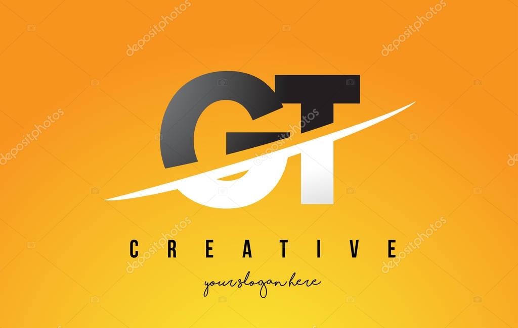 GT G T Letter Modern Logo Design with Swoosh Cutting the Middle Letters and Yellow Background.