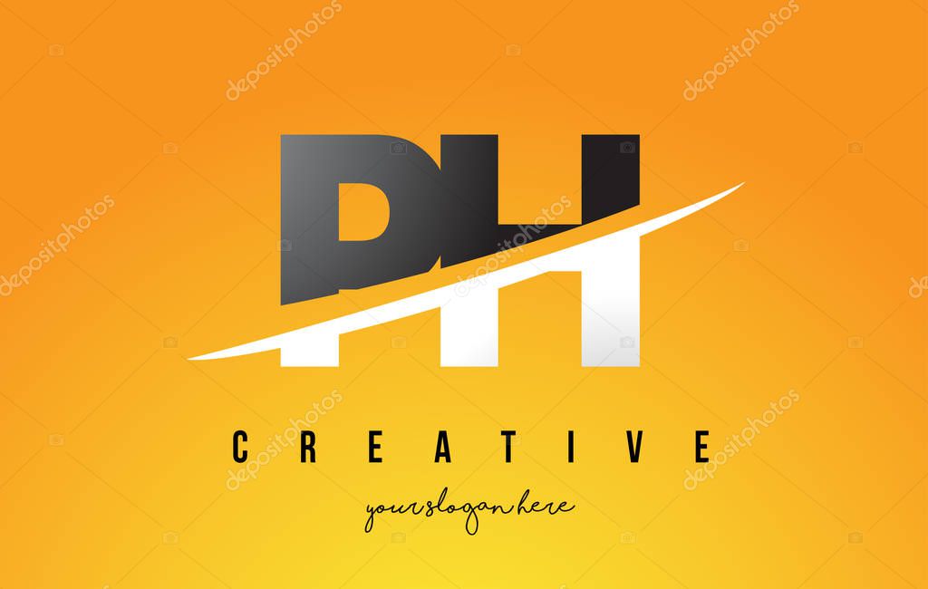 PH P H Letter Modern Logo Design with Swoosh Cutting the Middle Letters and Yellow Background.