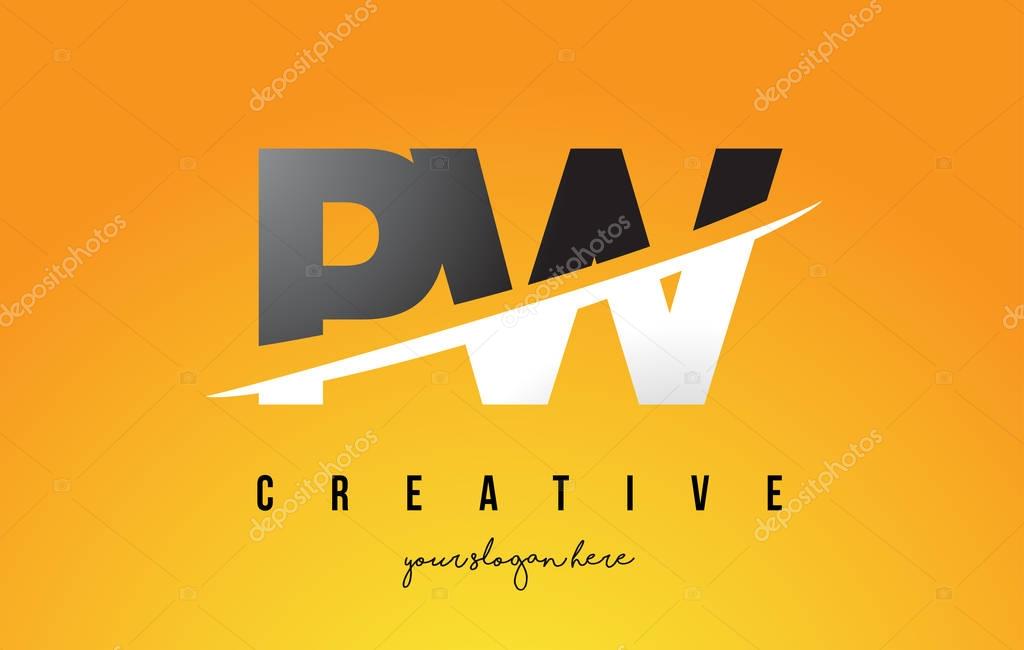 PW P W Letter Modern Logo Design with Swoosh Cutting the Middle Letters and Yellow Background.