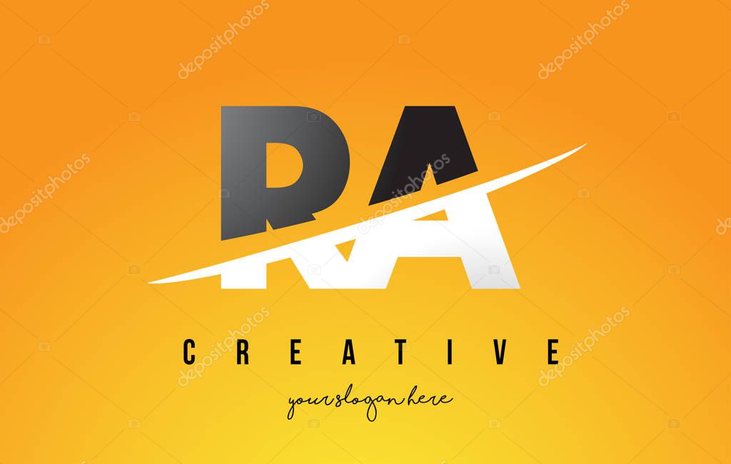 RA R Q Letter Modern Logo Design with Swoosh Cutting the Middle Letters and Yellow Background.