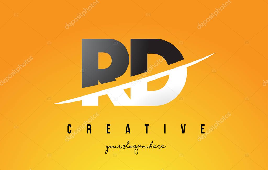 RD R D Letter Modern Logo Design with Swoosh Cutting the Middle Letters and Yellow Background.