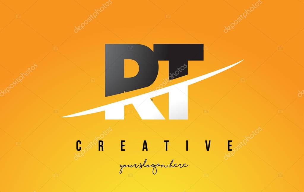 RT R T Letter Modern Logo Design with Swoosh Cutting the Middle Letters and Yellow Background.