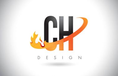 CH C H Letter Logo Design with Fire Flames and Orange Swoosh Vector Illustration. clipart svg vector 