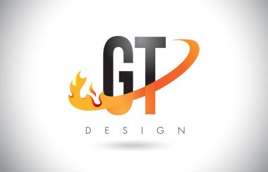 GT G T Letter Logo with Fire Flames Design and Orange Swoosh.