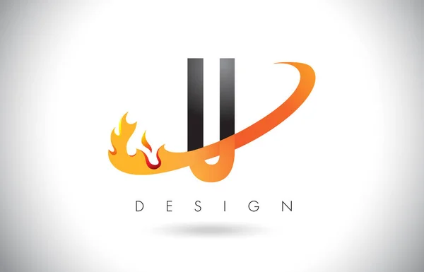 Logo lettera U con fuoco fiamme Design e Swoosh arancione . — Vettoriale Stock
