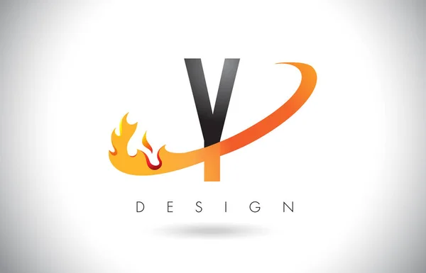 Y letra logotipo com fogo chama design e laranja Swoosh . — Vetor de Stock