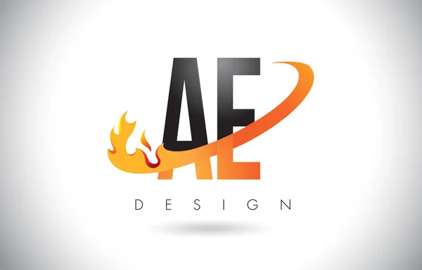 Logo de carta AE A D con diseño de llamas de fuego y swoosh naranja . — Vector de stock